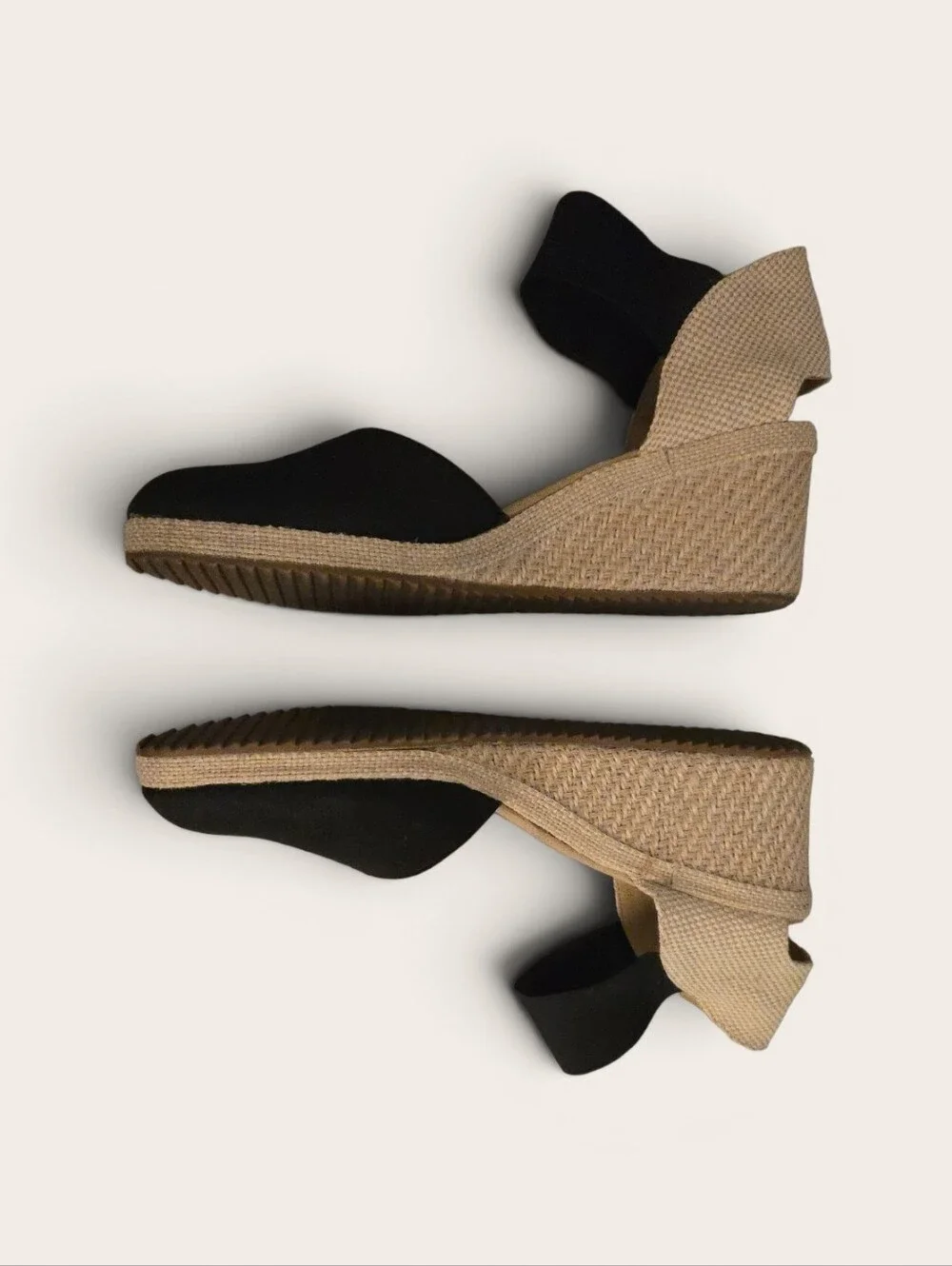 Anne Klein Black and Tan Espadrille Wedge Sandals